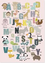ABC Alfabet poster met dieren voor de babykamer en/of kinderkamer oud roze A3