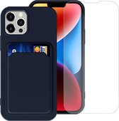 Geschikt voor iPhone 14 Plus Pasjes houder Hoesje Case + Screenprotector – Gehard Glas Cover - Portemonnee Hoesje Cover - Blauw