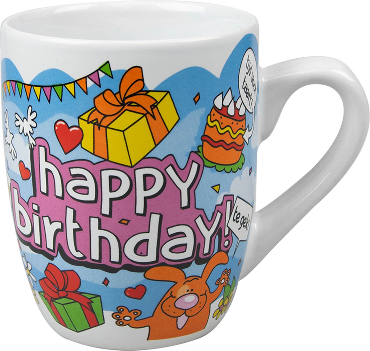 Cartoon - Mok - Happy Birthday - Gevuld met een snoepmix - In cadeauverpakking met gekleurd lint