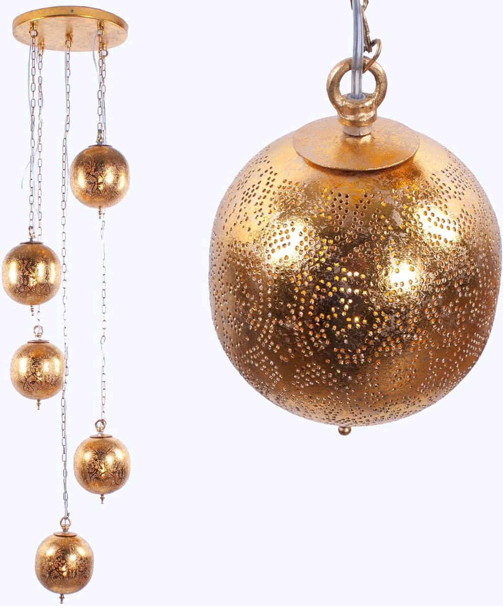 Oosterse goudkleurige hanglamp | 5 lichts | goud | metaal | Ø 15 cm | in hoogte verstelbaar tot 150 cm | eetkamer / woonkamer lamp | modern / landelijk / sfeervol design