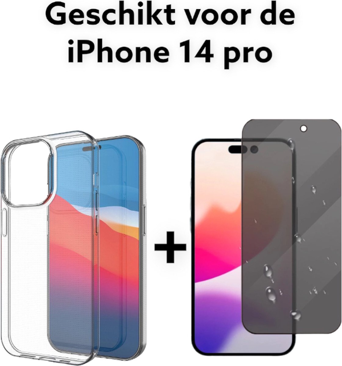 iphone 14 pro hoesje doorzichtig achterkant + privacy screen protector - apple iphone 14 pro hoesje siliconen transparant back cover + privacy tempered glas