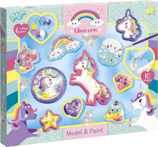 Totum Unicorn gips gieten schilderen model & paint 10 glitterfiguren maken incl. 5 kleuren verf en penseel - knutselset eenhoorn