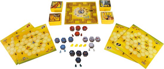 Alle onderdelen van het bordspel Savannah Park, inclusief spelborden, tegels en doosjes met dierenafbeeldingen.
