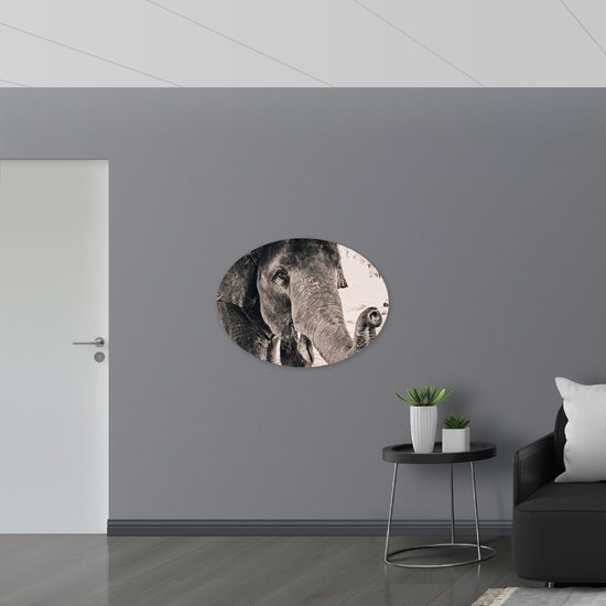 WallClassics - Dibond Oval - Cheerful Elephant Zwart / Wit - 96x72 cm Photo sur Ovale (Avec Système d'accrochage)