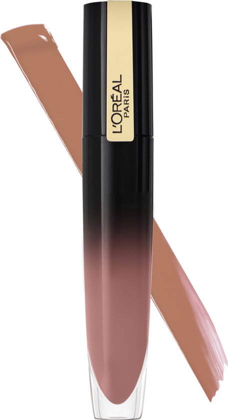 Zwarte en gouden huls met een nude-bruine vloeibare lipstick swatch.