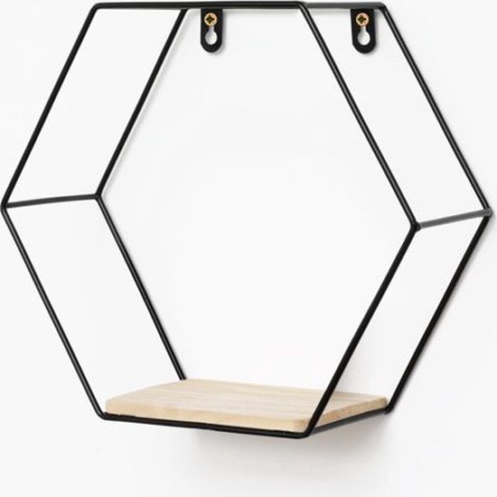 Zwart metalen zeshoekig wandrek met een houten plankje.