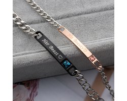 Fler® | Paar roestvrij stalen armbanden voor koppels | Gegraveerde Tekst | Zwart met blauw Strass kristal en tekst ‘Her Beast’ voor hem | Rose Goud met roze Strass kristal en tekst ‘His Beauty’ voor haar | Lengte: 'Her Beast' 21cm & 'His Beauty' 17cm
