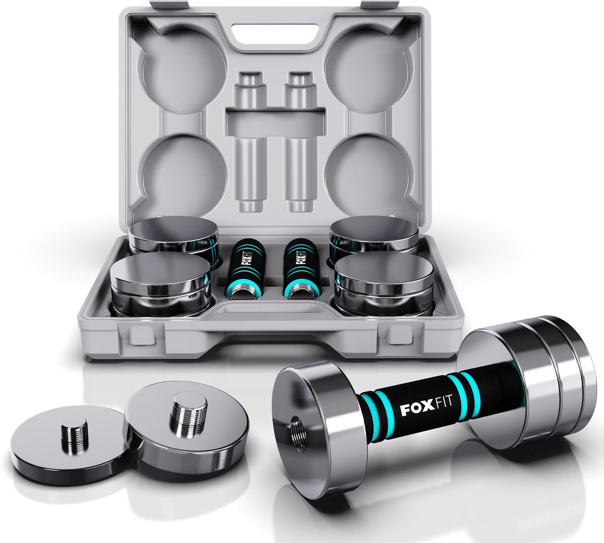 FOXFIT Verstelbare Dumbbells - Dumbbell set - Totaal 10 KG - 2 x 5 KG - Zilver - Steel - Fitness