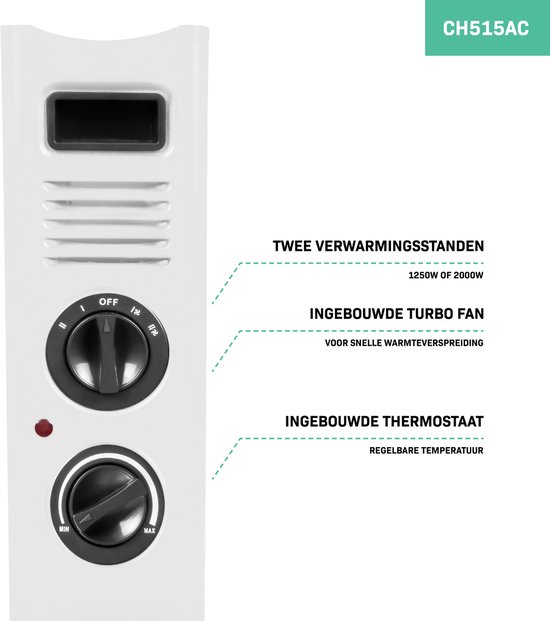 VONROC Elektrische kachel - Convectorkachel met ingebouwde radiator ventilator - 2 standen: 1250W/2000W - Regelbare thermostaat -  Verwarmt ruimtes tot 24m2 – Modern design - Wit
