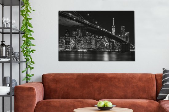Photo noir et blanc du pont de Brooklyn à New York la nuit Toile 120x80 cm - Tirage photo sur toile (Décoration murale salon / chambre)