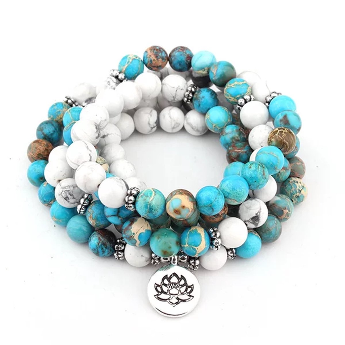108 Kralen Mala Ketting Howliet Turkoois Blauw Lotus - 8mm edelsteen - boeddhisme - Meditatie Kralenketting - Rozenkrans