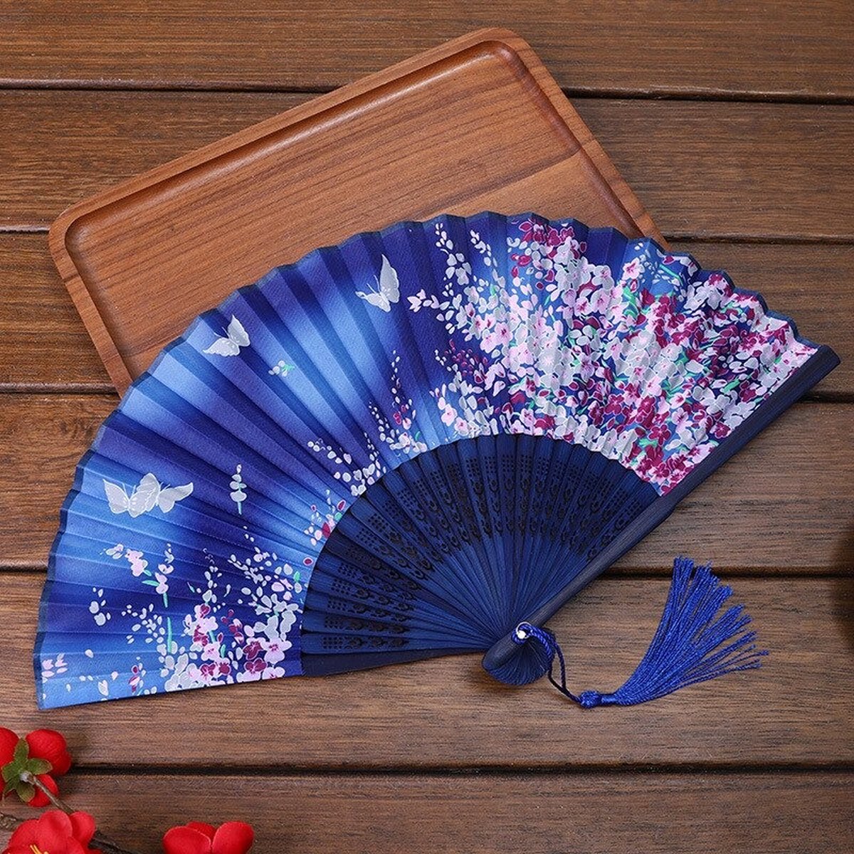 Bamboo Waaier – Blauw & Vlinders – Handwaaier voor Festivals en Warme Zomers – Festivalwaaier – Zomer