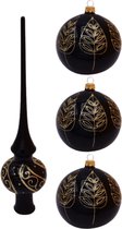 Set met Zwarte Kerstboom Piek en Drie Zwarte Glanzende Kerstballen met Gouden Blad Decoratie