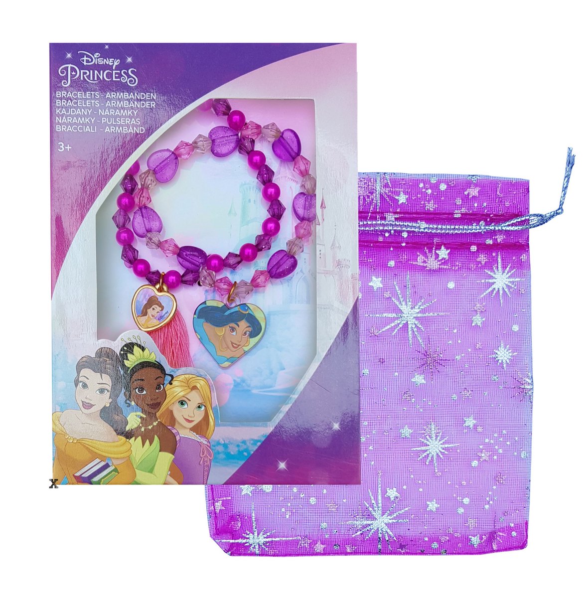 Disney - Princess - Armbandje - 2 stuks - kwast - kralen - bedels - paars - roze - prinsessen - Belle - Jasmine - met roze geschenk/opberg zakje - cadeautje