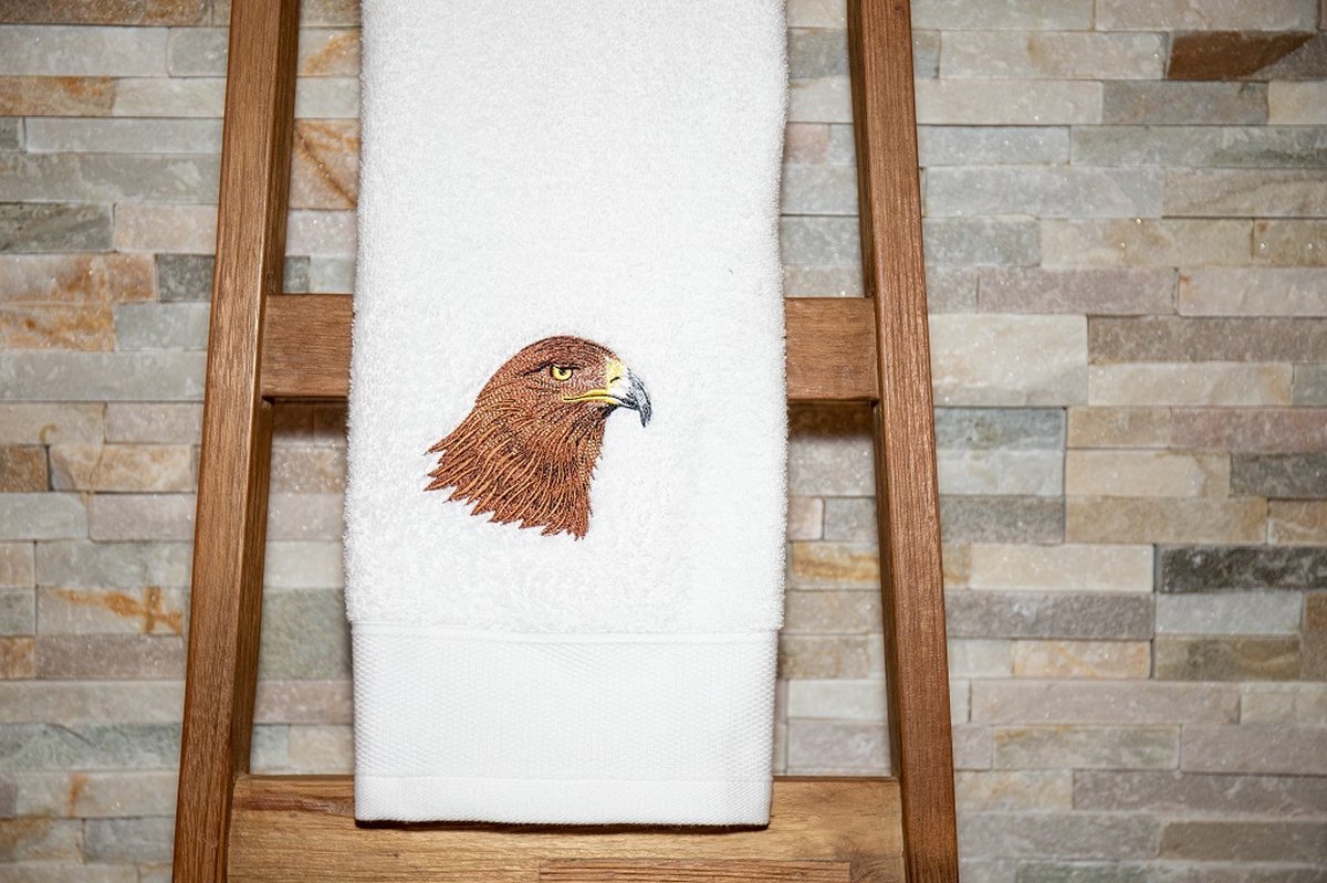 Geborduurde Handdoek - Roofvogel - Havik - Wit - 50 x 100cm