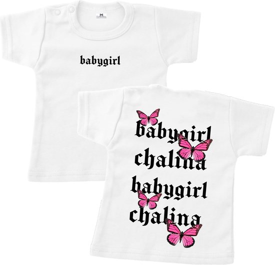 Shirt babygirl vlinder met naam-wit-roze-Maat