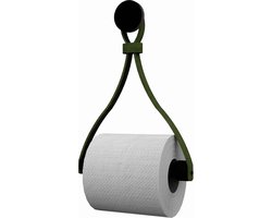 Leren toiletrolhouder 'Triangle' - met Zuignap én schroef - Handles and more® | KAKI - roldrager: Zwart rondhout - knop: Zwart
