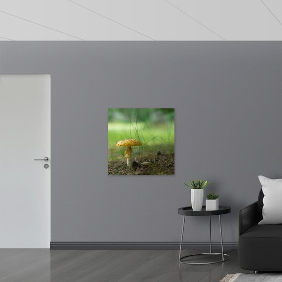 WallClassics - Bois - Champignon jaune avec brins d'herbe - 80 x 80 cm - Épaisseur 12 mm - Photo sur bois (avec système de suspension)