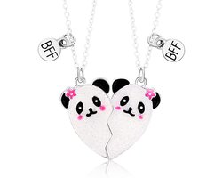 Bixorp Friends BFF Ketting voor 2 Hartje met 2 Pandas Zilverkleurig  - Vriendschapsketting  - Twee Helften Best Friends -  Voor Meisjes  - Best Friends Ketting Vriendschap Cadeau voor Twee