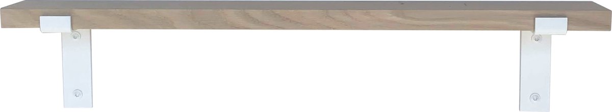 GoudmetHout Wandplank Industrieel - 120 x 10 cm Muurplank - Eiken Hout - Decoratie Wandrek & Boekenrek - Hangplank Keuken - Wall Shelf + 2 Mat Witte Plankdragers van Staal Licht eiken, Mat wit