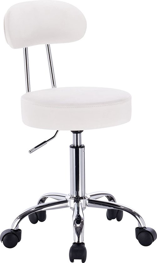 Furnibella - Wit Barkruk Schoonheidssalon Kruk Werkstoel 360°Draaistoel Verstelbare Metaal Barstoel Kunstleer met Rugleuning En 5 Wielen (Wit, 1-Delige)