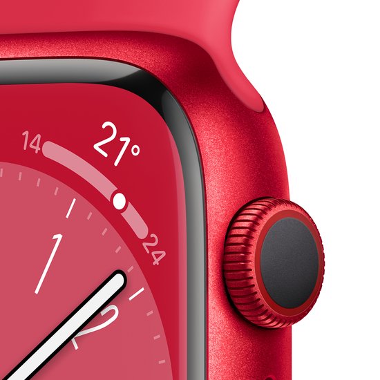 Close-up van een rode Apple Watch Series 8 met geribbelde kroon en digitale wijzerplaat.