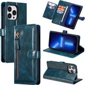 LuxeBass Hoesje geschikt voor Apple iPhone 13 Pro Max - Boekhoesje - Blauw - Vintage portemonne hoes met ritssluiting - telefoonhoes - gsm hoes - telefoonhoesjes