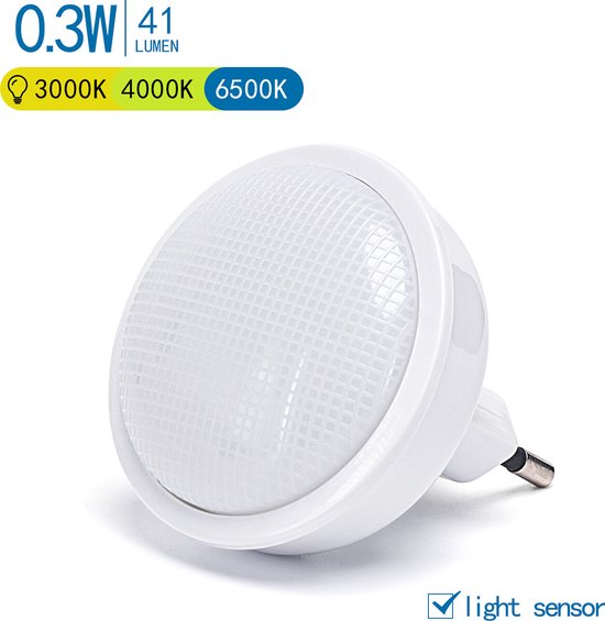 Stekkerlamp - Nachtlamp met Dag en Nacht Sensor - Aigi Qpoi - 0.3W - Warm Wit 3000K - Rond - Mat Wit - Kunststof - BES LED