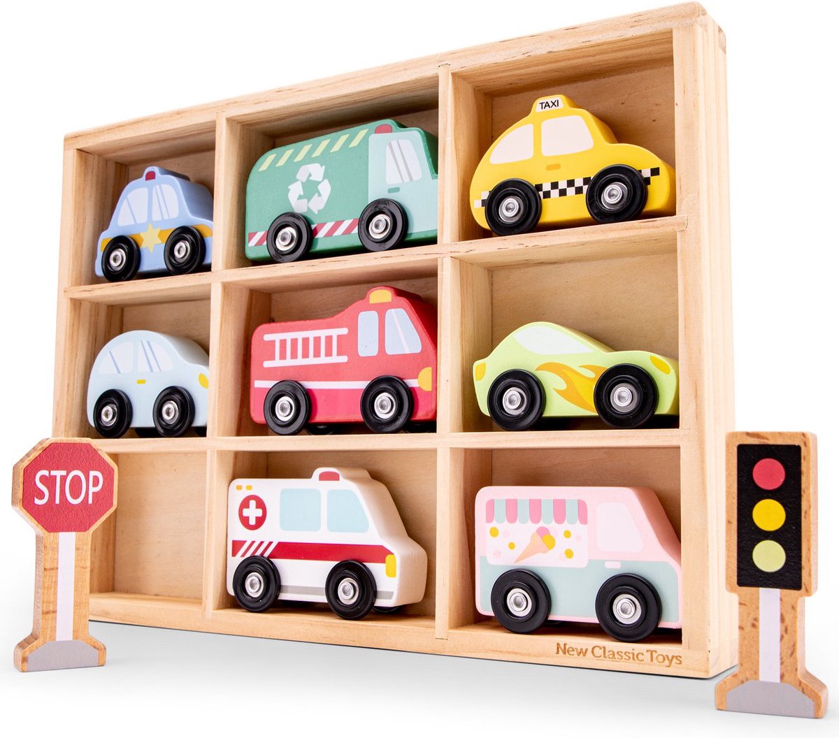 Little koekies - Voertuigenset in Box - 8 auto's, 1 stoplicht en 1 stopbord - duurzaam speelgoed - houten speelgoed