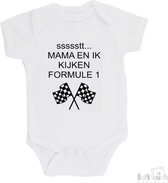 100% katoenen Romper "ssssstt Mama en ik kijken Formule 1" Unisex Katoen Wit/zwart Maat 56/62