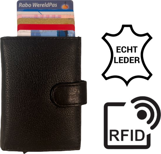 THL Design - Pasjeshouder Mannen / Dames - Pasjeshouder Uitschuifbaar - Portemonnee Heren - RFID - Leer Zwart