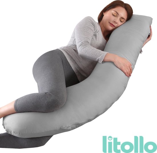 Product: LitolloÂ® Zwangerschapskussen (J-vorm) - Zijslaapkussen - Voedingskussen - Lichaamskussen - Body pillow - 145cm - Afneembare hoes - Grijs, van het merk Litollo