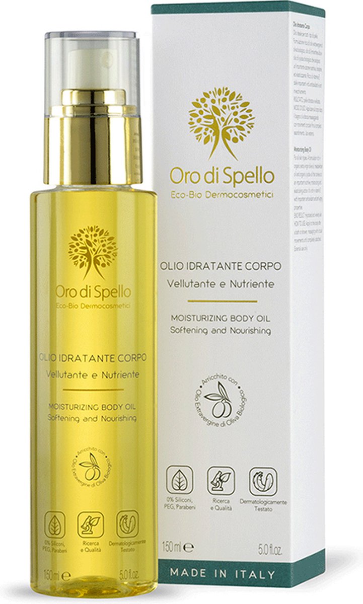 Oro di Spello - Voedende body oil op basis van echte organische olijfolie uit Italië - hypoallergeen. Oro di Spello: gold for your beauty rituals.