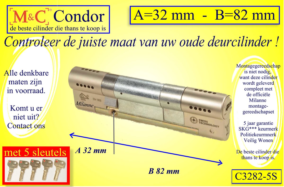 M&C Conder high-tech security deurcilinder 32x82 mm MET 5 SLEUTELS - SKG*** - Politiekeurmerk Veilig Wonen - inclusief MilaNNE gereedschap montageset