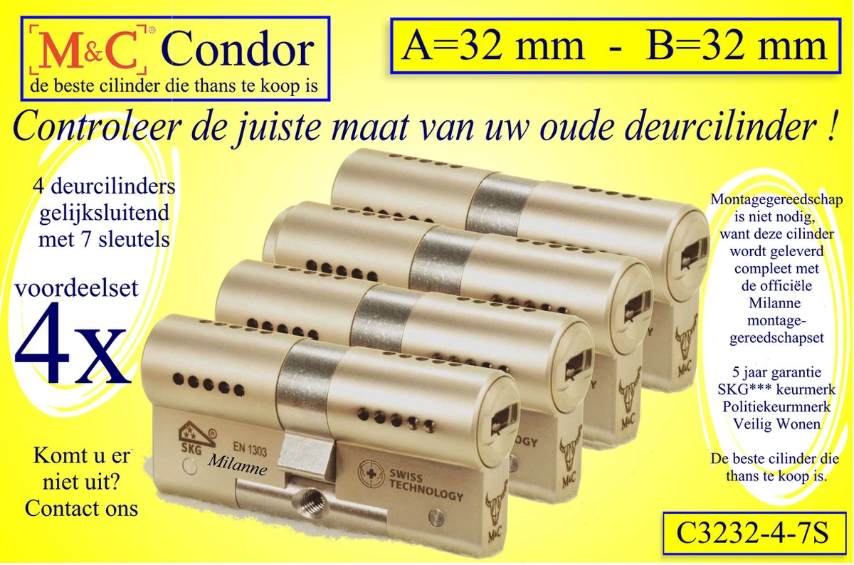 M&C Condor - High Security profideurcilinder deurcilinder - SKG*** - 4 STUKS GELIJKSLUITEND - 32x32 mm - met 7 sleutels - Politiekeurmerk Veilig Wonen - inclusief gereedschap montageset