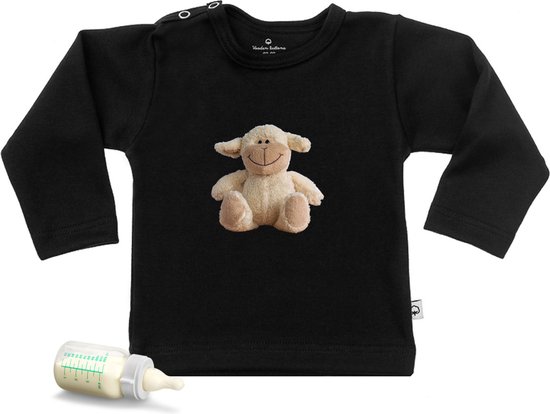Baby t shirt met print knuffel schaapje - zwart - lange mouw - maat 50/56