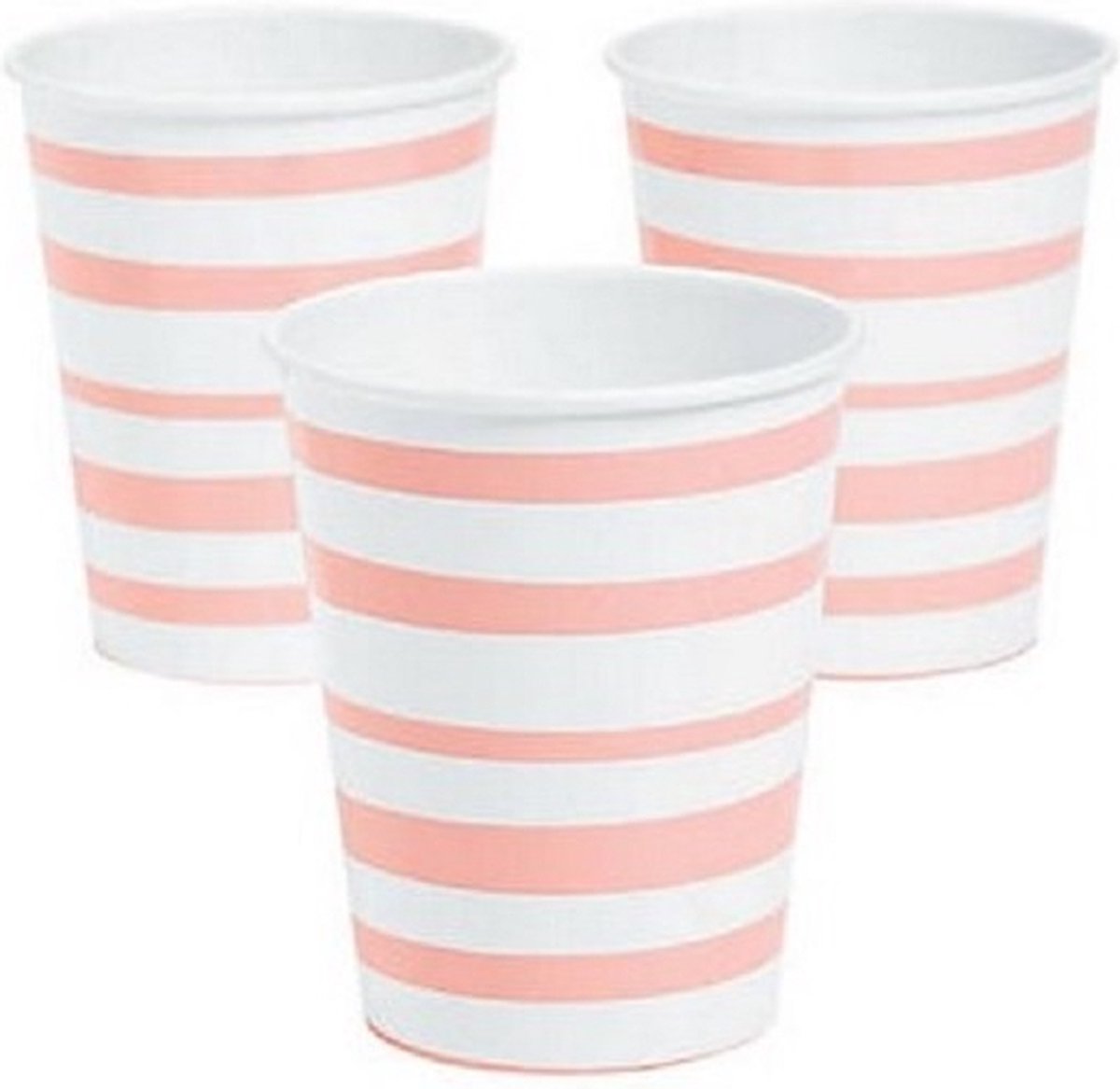 8 papieren bekertjes oneven roze gestreept - 8 stuks - 205 ml - hoogte 9,5 cm - rond (bovenzijde) 8 cm