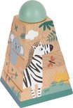 Houten stapeltoren met jungle dieren zoals een koala en een zebra, bekroond met een mintgroene halve bol.