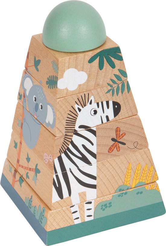 Houten stapeltoren met jungle dieren zoals een koala en een zebra, bekroond met een mintgroene halve bol.