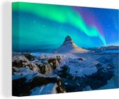 Canvas schilderij - Noorderlicht - IJsland - Sneeuw - Berg - Sterrenhemel - Canvas doek - 90x60 cm - Schilderijen op canvas - Muurdecoratie