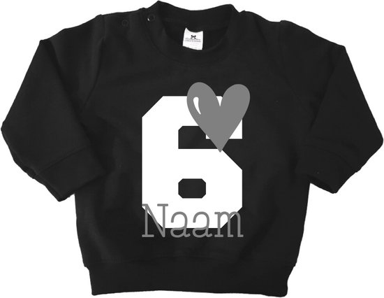 Verjaardag sweater hart met naam-6 jaar-zwart-Maat 110/116