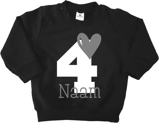 Verjaardag sweater hart met naam-4 jaar-zwart-Maat 104