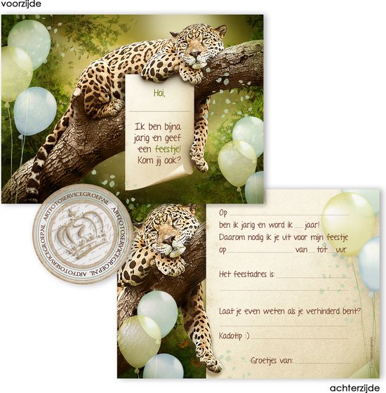 BC002 8st Uitnodigingen kinderfeestje - Jungle kaarten -Verjaardagskaarten met envelop - Luipaard - Uitnodiging kinderfeestje - Uitnodigingskaarten - Verjaardag uitnodiging - jungle thema - kinderfeestje uitnodiging - uitnodigingen - kinderverjaardag