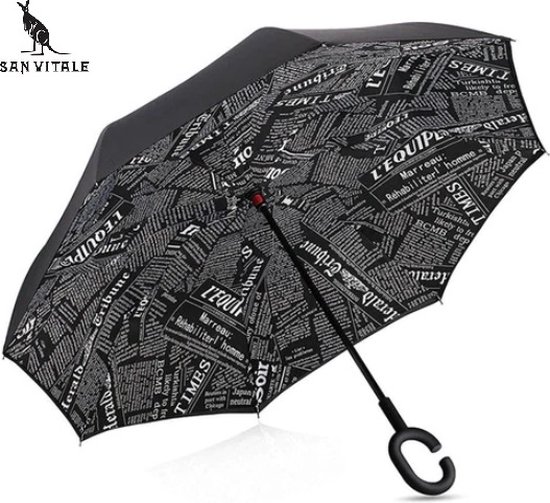 San Vitale® - Unieke reversible Windproof Paraplu - Krant Zwart