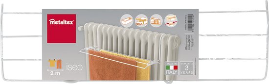 Metaltlex droogrek 'Iseo' met 2 meter drooglengte, wit, hangt aan een radiator met oranje en gele handdoeken.