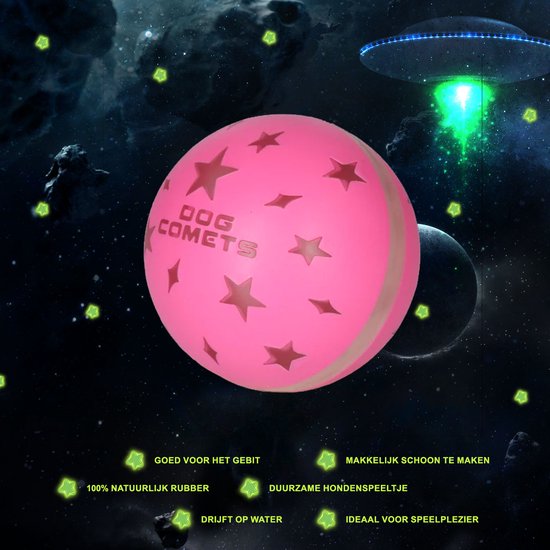 Roze Dog Comets bal met sterrenpatroon, omringd door ruimtedecoratie en tekstclaims.