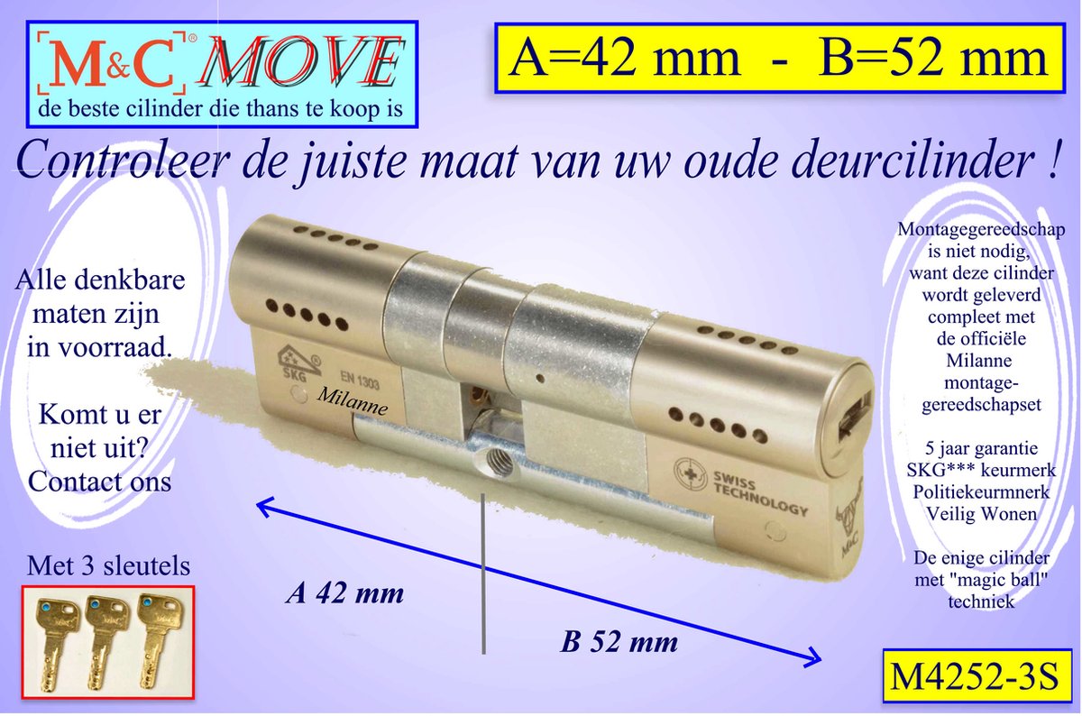 M&C MOVE - High-tech Security deurcilinder - SKG*** - 42x52 mm - Politiekeurmerk Veilig Wonen - inclusief gereedschap MilaNNE montageset