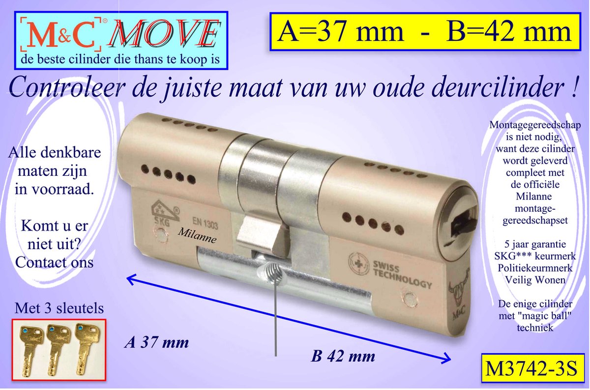 M&C MOVE - High-tech Security deurcilinder - SKG*** - 37x42 mm - Politiekeurmerk Veilig Wonen - inclusief gereedschap MilaNNE montageset