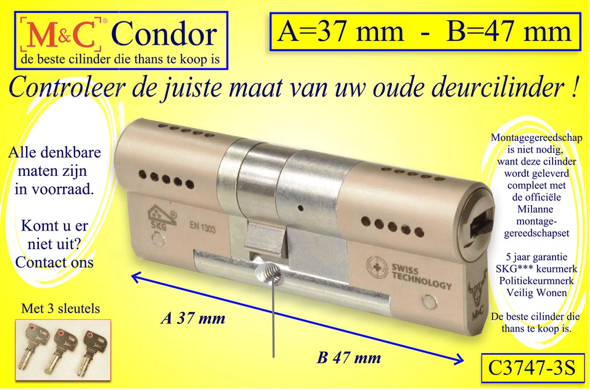 M&C Condor - High Security deurcilinder - SKG*** - 37x47 mm - Politiekeurmerk Veilig Wonen - inclusief gereedschap montageset