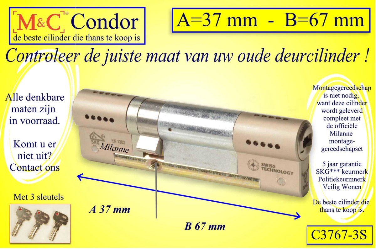 M&C Condor - High Security deurcilinder - SKG*** - 37x67 mm - Politiekeurmerk Veilig Wonen - inclusief gereedschap montageset